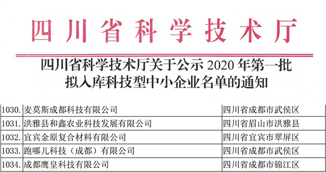 四川省科學技術廳關于公示2020年第一批擬入庫科技型中小企業(yè)名單通知